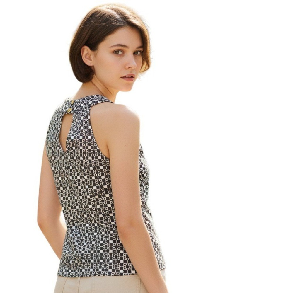 Milly Womens Sleeveless Top Brown White Geometric Print Keyhole Sz 10 Zip Retro‎